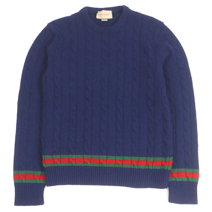 極美品□GUCCI グッチ 673489 カシミヤ ウール ウェブライン クルーネック ケーブルニット セーター ネイビー M イタリア製 正規品