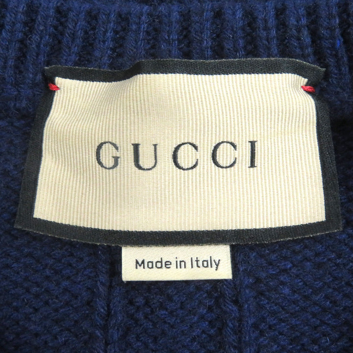 極美品□GUCCI グッチ 673489 カシミヤ ウール ウェブライン クルーネック ケーブルニット セーター ネイビー M イタリア製 正規品