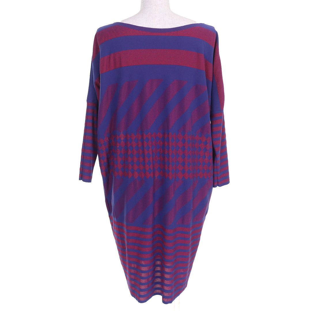 美品△PLEATS PLEASE プリーツプリーズ イッセイミヤケ PP34LT962 A-POC エイポック 総柄 長袖 ワンピース ブルー レッド系 3 正規品