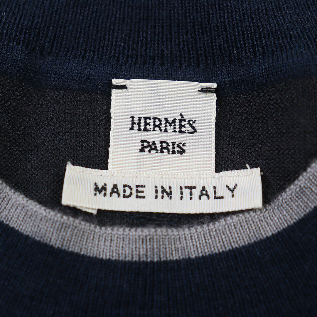 未使用品▲HERMES エルメス 2022年製 2H2622D8 宮廷の馬具 カシミヤ シルク 半袖 ニット ネイビー グレー 36 伊製 正規品 レディース