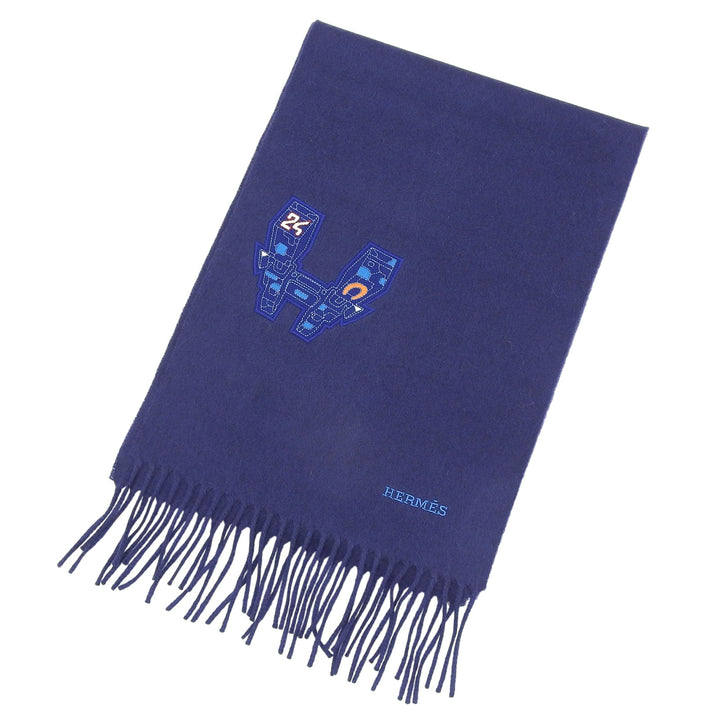 未使用品▲HERMES エルメス IMPRIME HERMES ODYSEE カシミヤ100％ Hロゴデザイン フリンジ付き マフラー ネイビー 箱付き 英国製 メンズ