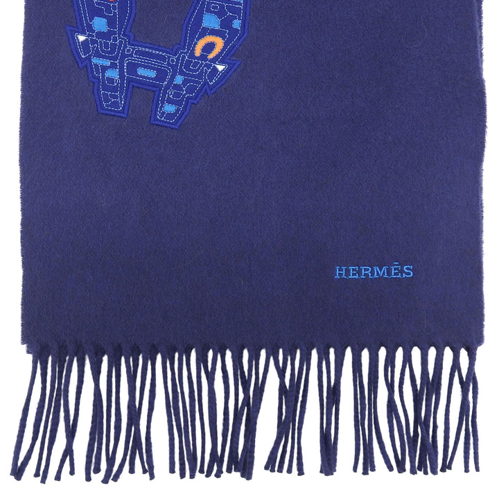 未使用品▲HERMES エルメス IMPRIME HERMES ODYSEE カシミヤ100％ Hロゴデザイン フリンジ付き マフラー ネイビー 箱付き 英国製 メンズ