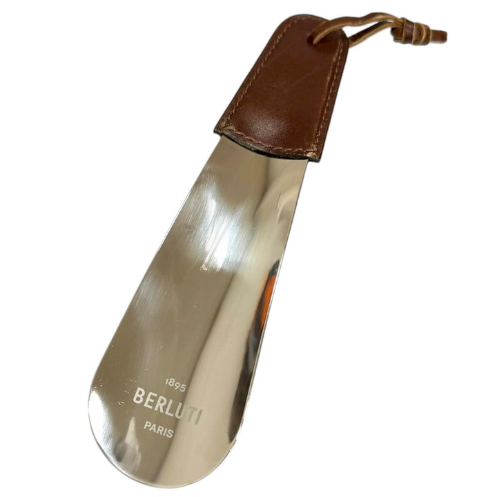 美品□BERLUTI ベルルッティ レザー使い ロゴ入り ポケットシューホーン 靴ベラ ブラウン シルバー フランス製 メンズ オススメ