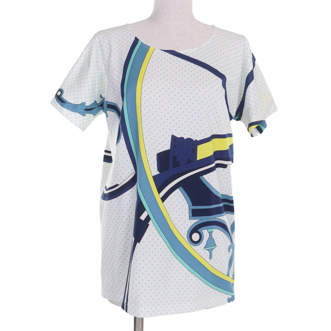 未使用品☆HERMES エルメス コットン100％ カットソー 半袖Ｔシャツ トップス ホワイト ブルー系 34 フランス製 正規品 レディース