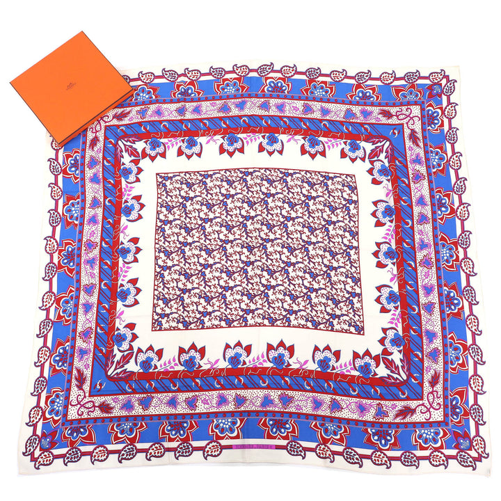 美品△HERMES エルメス シルク100％ ペイズリーモチーフ 総柄 ストール ショール スカーフ アイボリー レッド ブルー 箱付き フランス製