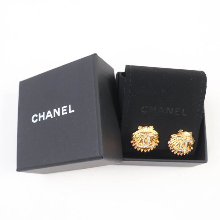 極美品☆CHANEL シャネル G23C ココマーク ラインストーン付 シェルデザイン イヤリング ゴールド 箱付き フランス製 レディース