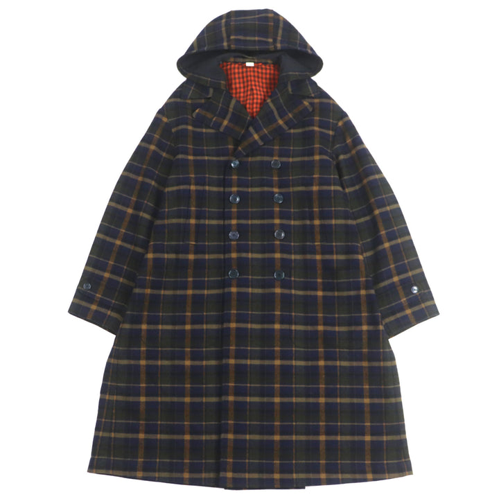 極美品▼GUCCI グッチ 568562 ウール リネン チェック柄 ダブルブレスト フーデッド ダブルチェスターコート ネイビー 46 正規品 メンズ