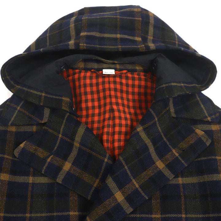 極美品▼GUCCI グッチ 568562 ウール リネン チェック柄 ダブルブレスト フーデッド ダブルチェスターコート ネイビー 46 正規品 メンズ