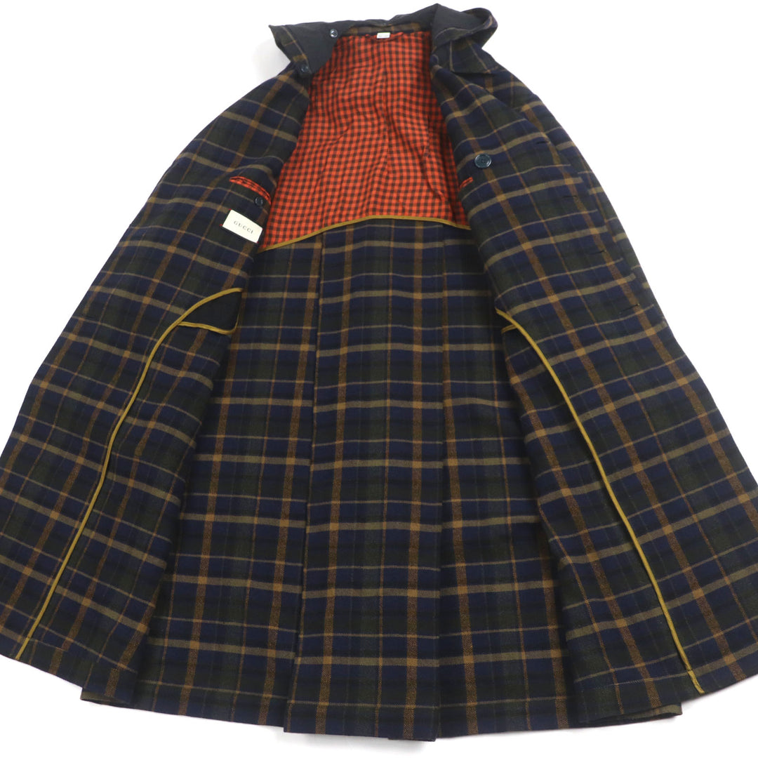 極美品▼GUCCI グッチ 568562 ウール リネン チェック柄 ダブルブレスト フーデッド ダブルチェスターコート ネイビー 46 正規品 メンズ
