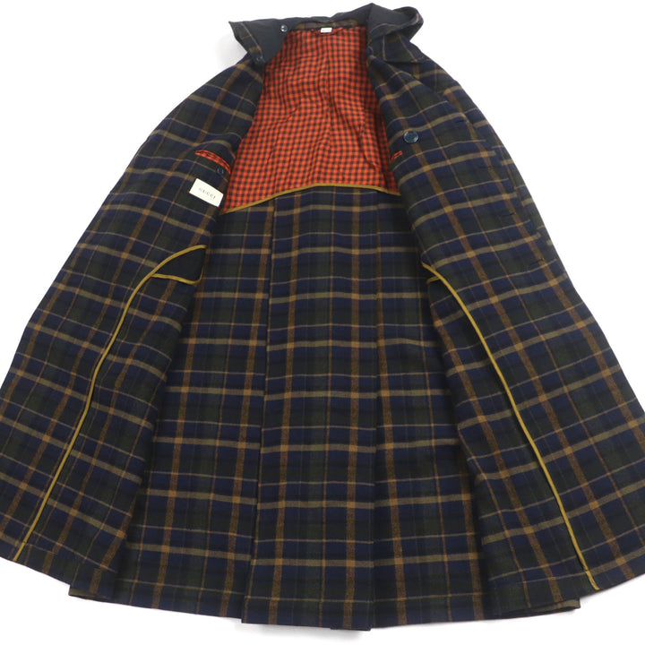 極美品▼GUCCI グッチ 568562 ウール リネン チェック柄 ダブルブレスト フーデッド ダブルチェスターコート ネイビー 46 正規品 メンズ