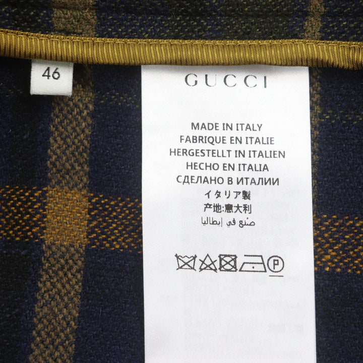 極美品▼GUCCI グッチ 568562 ウール リネン チェック柄 ダブルブレスト フーデッド ダブルチェスターコート ネイビー 46 正規品 メンズ