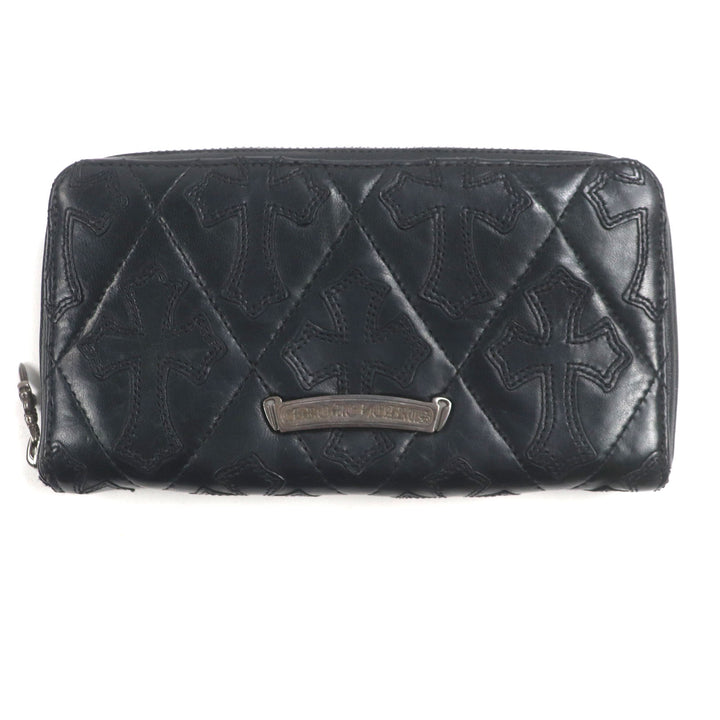 美品▼CHROME HEARTS クロムハーツ REC F ZIP QUILTED　レザー SV925 セメタリーキルテッドクロス ラウンドZIP ロングウォレット 長財布