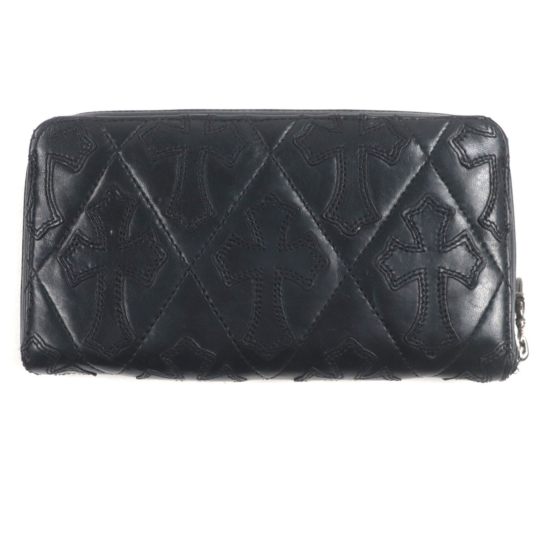 美品▼CHROME HEARTS クロムハーツ REC F ZIP QUILTED　レザー SV925 セメタリーキルテッドクロス ラウンドZIP ロングウォレット 長財布