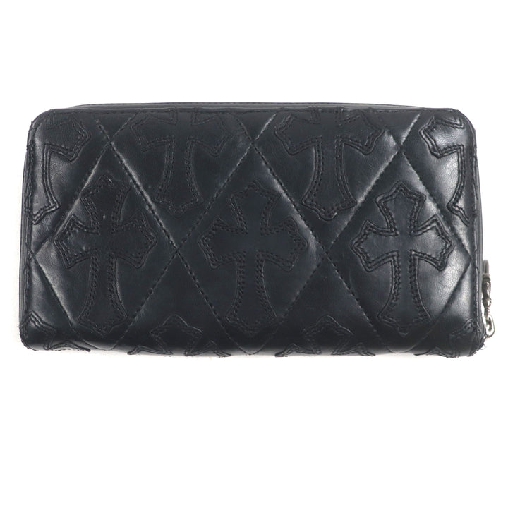 美品▼CHROME HEARTS クロムハーツ REC F ZIP QUILTED　レザー SV925 セメタリーキルテッドクロス ラウンドZIP ロングウォレット 長財布