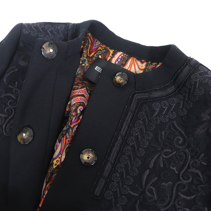 極美品△ETRO エトロ ウール 裏地ペイズリー柄 エンブロイダリーデザイン ノーカラー ロング コート ブラック 38 伊製 正規品 レディース