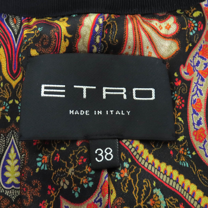 極美品△ETRO エトロ ウール 裏地ペイズリー柄 エンブロイダリーデザイン ノーカラー ロング コート ブラック 38 伊製 正規品 レディース