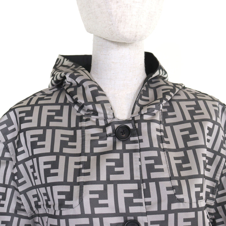 美品○FENDI フェンディ FF0249 FFロゴ総柄 リバーシブル フーデッド コート グレー系 ブラック 46 イタリア製 正規品 メンズ