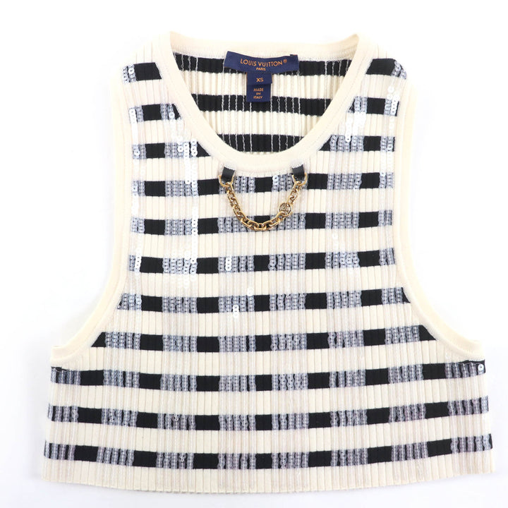 極美品☆LOUIS VUITTON ルイヴィトン 23SS LVチェーン スパンコール装飾 クロップド丈 ノースリーブ アイボリー ブラック XS 正規品