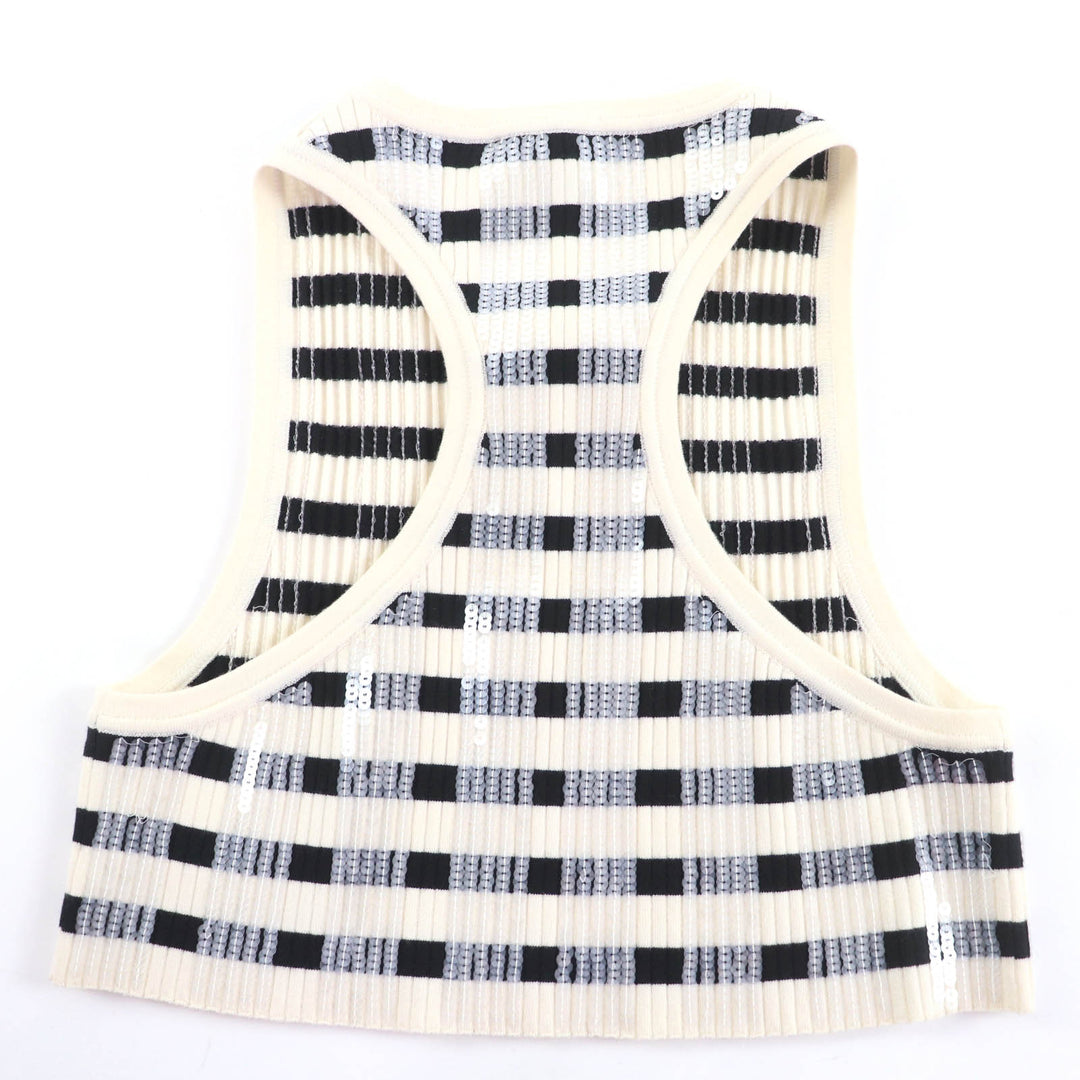 極美品☆LOUIS VUITTON ルイヴィトン 23SS LVチェーン スパンコール装飾 クロップド丈 ノースリーブ アイボリー ブラック XS 正規品