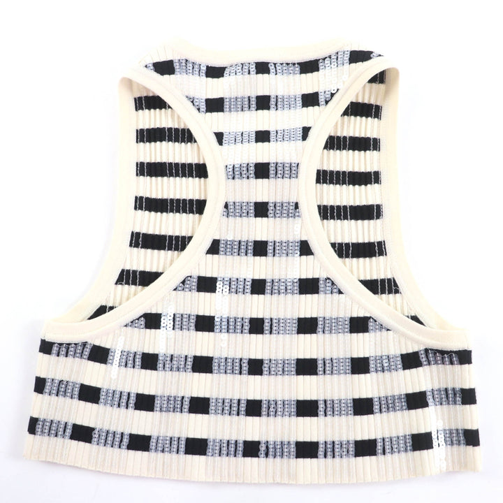 極美品☆LOUIS VUITTON ルイヴィトン 23SS LVチェーン スパンコール装飾 クロップド丈 ノースリーブ アイボリー ブラック XS 正規品