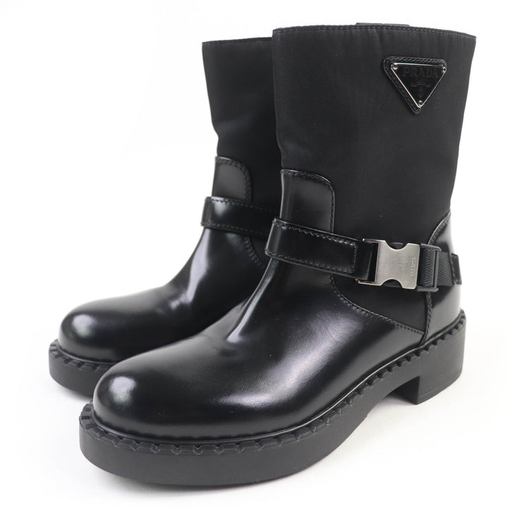 極美品☆PRADA プラダ 1U682M トライアングルロゴ Re-Nylon レザー ショートブーツ ブラック 35.5 イタリア製 レディース