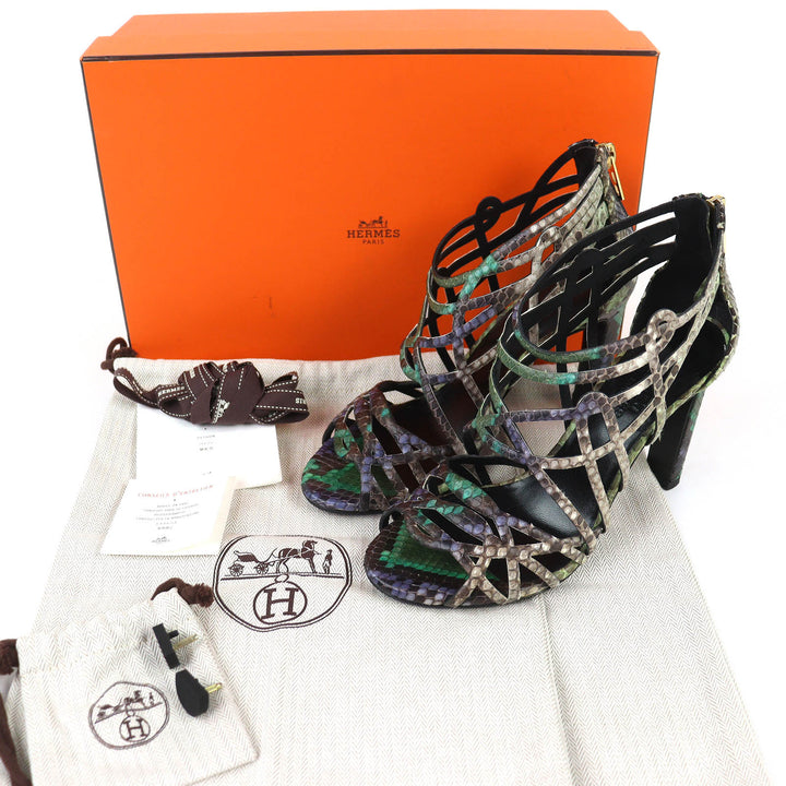 極美品△HERMES エルメス パイソンレザー バックジップ グラディエーター サンダル グリーン系 ブルー系 グレー系 35.5 箱・保存袋付き