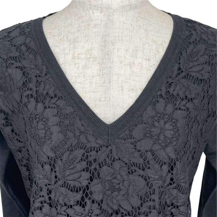 極美品▲VALENTINO ヴァレンティノ ウール100％ Vネック 花柄レース ニット ワンピース グレー S イタリア製 正規品 レディース