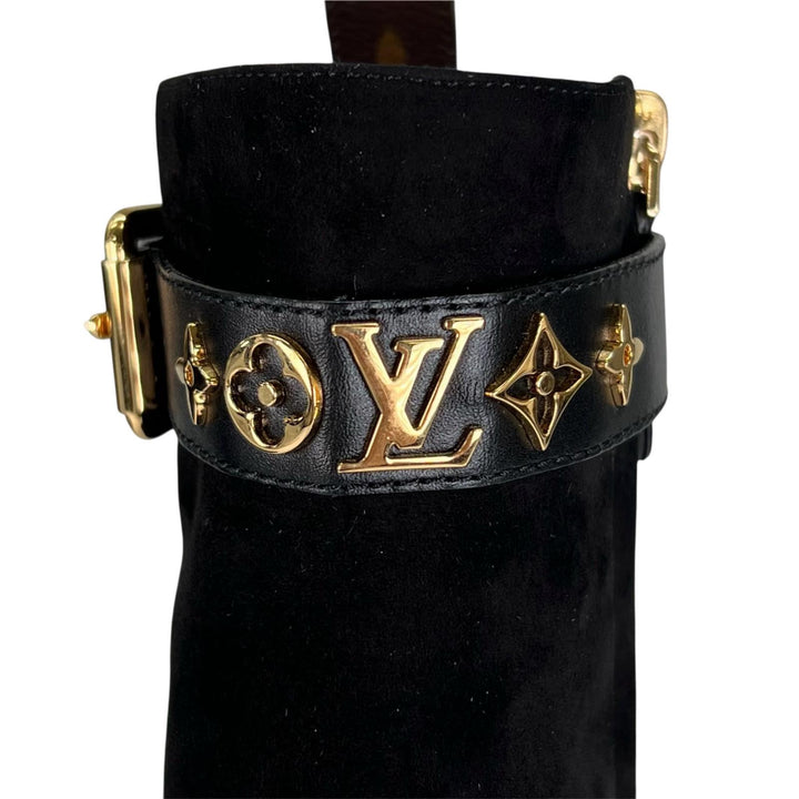 極美品▲LOUIS VUITTON ルイヴィトン 2021年製 1A965S シルエット ライン スウェードレザー アンクルブーツ ブラック ゴールド金具 35