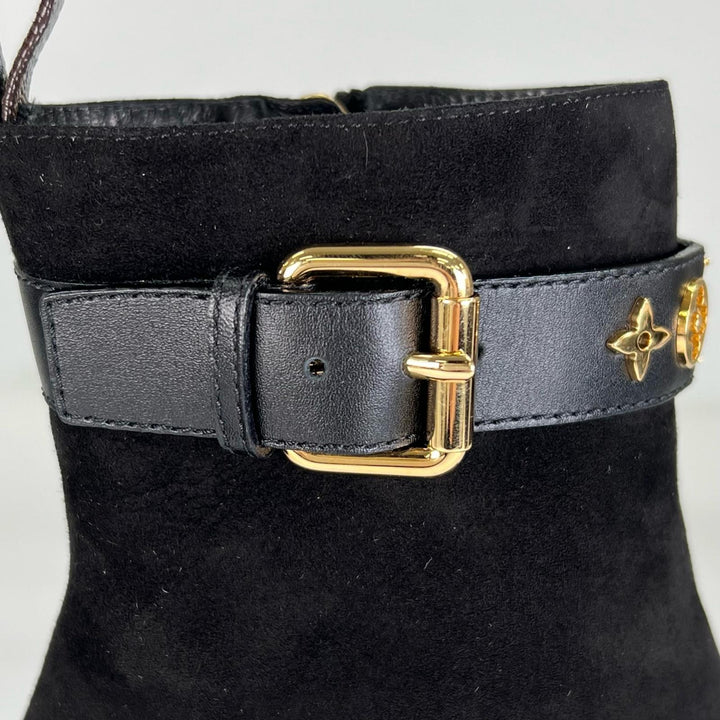 極美品▲LOUIS VUITTON ルイヴィトン 2021年製 1A965S シルエット ライン スウェードレザー アンクルブーツ ブラック ゴールド金具 35