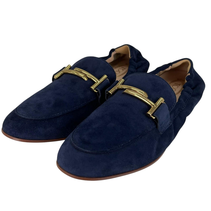 未使用品▲TOD’S トッズ ダブルT スウェードレザー ローファー スリッポン ネイビー ゴールド金具 36 箱・保存袋付き 伊製 レディース