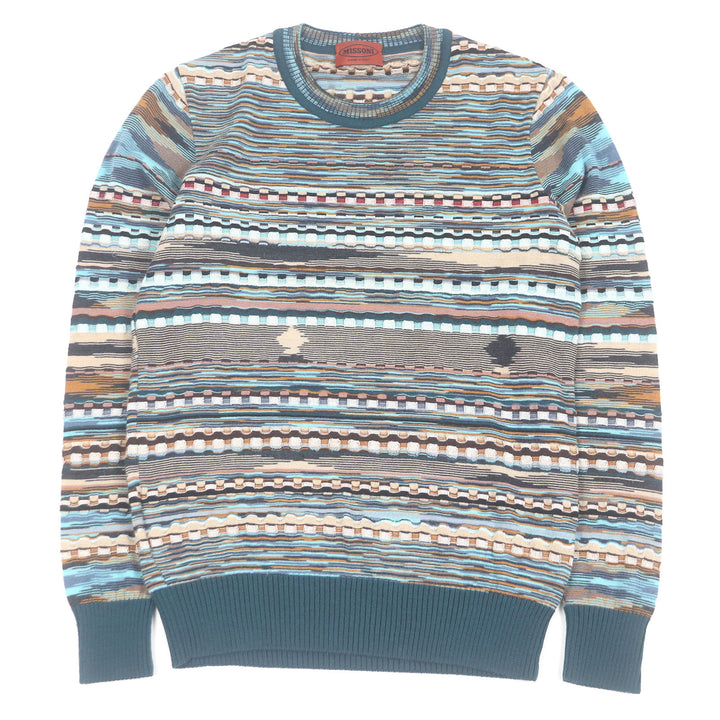 極美品□Missoni ミッソーニ シルク混 薄手 長袖 ロングスリーブニット セーター ブルー系マルチカラー 44 イタリア製 正規品 メンズ