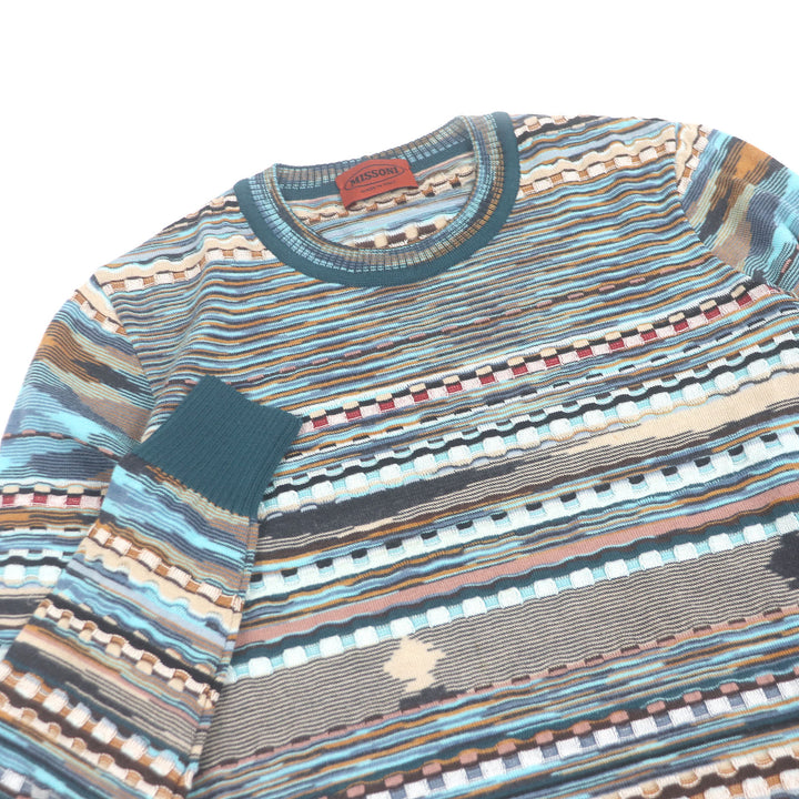 極美品□Missoni ミッソーニ シルク混 薄手 長袖 ロングスリーブニット セーター ブルー系マルチカラー 44 イタリア製 正規品 メンズ