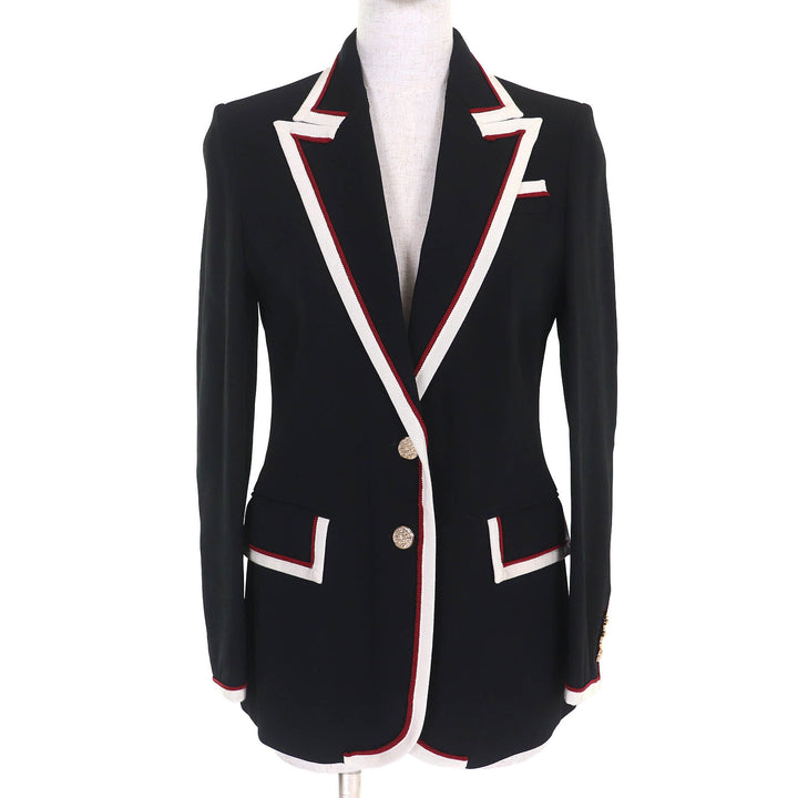 美品△GUCCI グッチ 523859 裏地チェーンベルト柄・シルク100% ピークドラペル テーラードジャケット ブラック 38 ハンガー付き 正規品