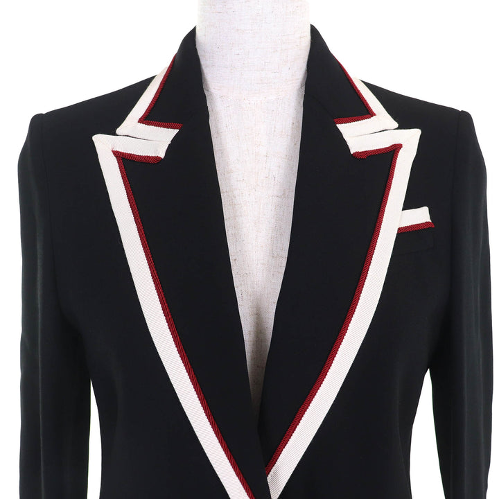 美品△GUCCI グッチ 523859 裏地チェーンベルト柄・シルク100% ピークドラペル テーラードジャケット ブラック 38 ハンガー付き 正規品