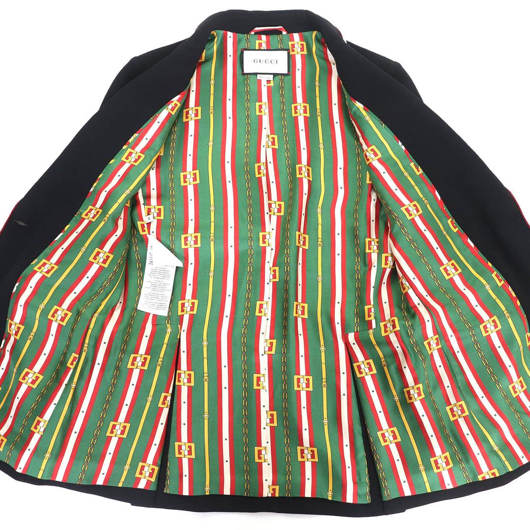 美品△GUCCI グッチ 523859 裏地チェーンベルト柄・シルク100% ピークドラペル テーラードジャケット ブラック 38 ハンガー付き 正規品