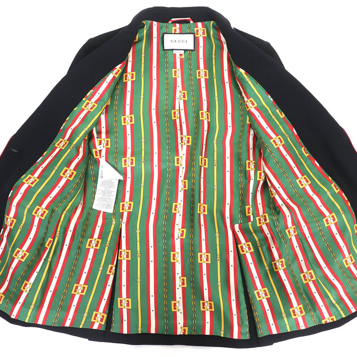 美品△GUCCI グッチ 523859 裏地チェーンベルト柄・シルク100% ピークドラペル テーラードジャケット ブラック 38 ハンガー付き 正規品
