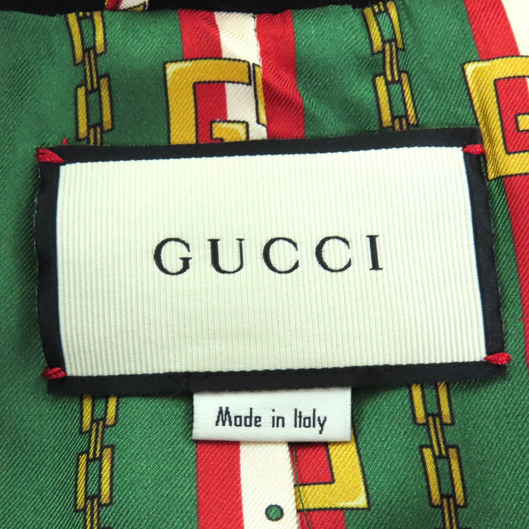 美品△GUCCI グッチ 523859 裏地チェーンベルト柄・シルク100% ピークドラペル テーラードジャケット ブラック 38 ハンガー付き 正規品