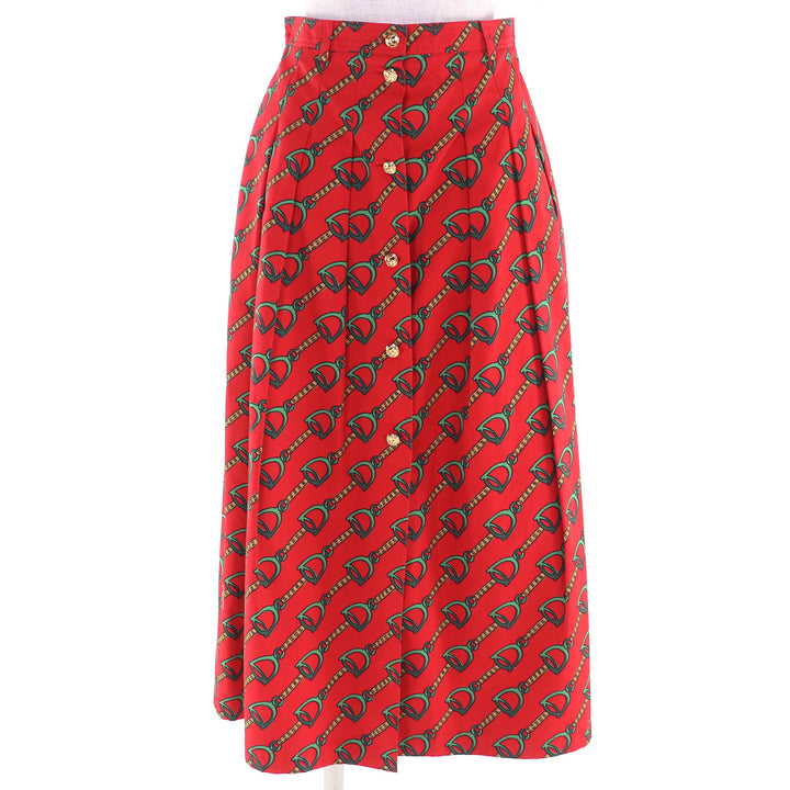 極美△GUCCI グッチ 560915 Horsebit Midi Pleated long Skirt ホースビット柄 GGボタン ロング タック フレアスカート レッド 38 正規品