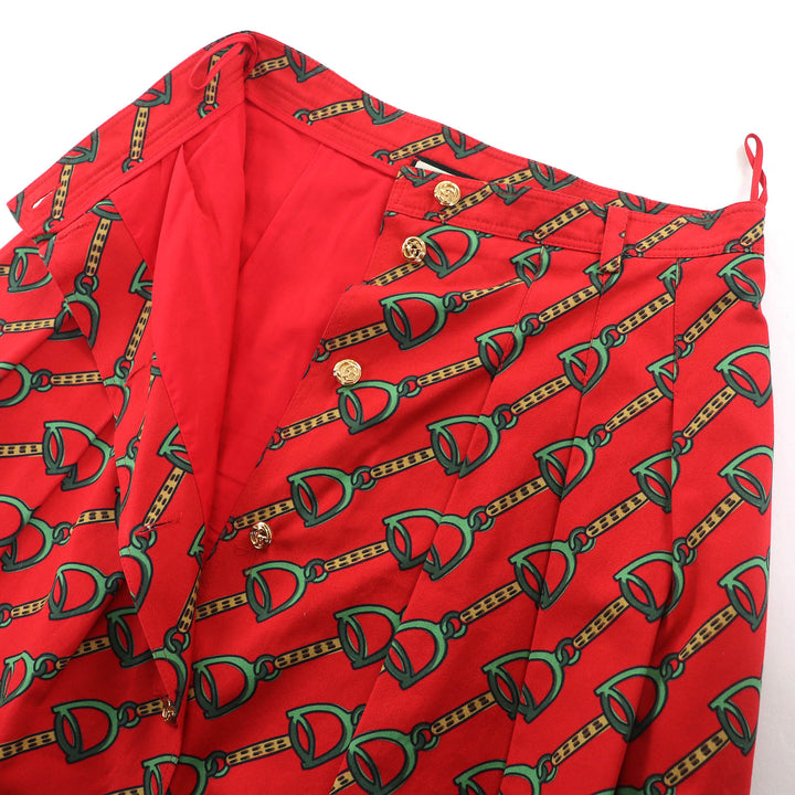 極美△GUCCI グッチ 560915 Horsebit Midi Pleated long Skirt ホースビット柄 GGボタン ロング タック フレアスカート レッド 38 正規品