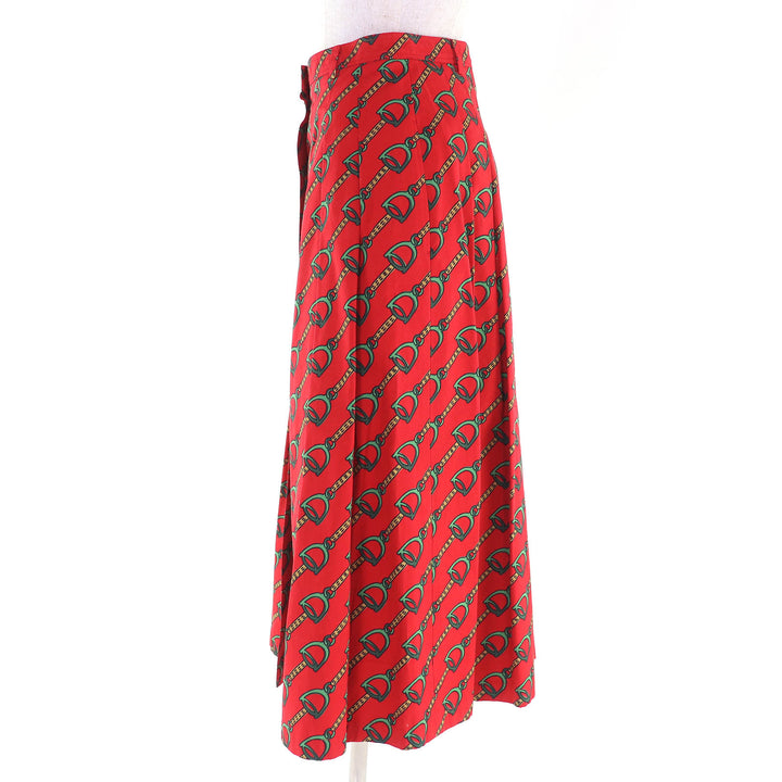 極美△GUCCI グッチ 560915 Horsebit Midi Pleated long Skirt ホースビット柄 GGボタン ロング タック フレアスカート レッド 38 正規品