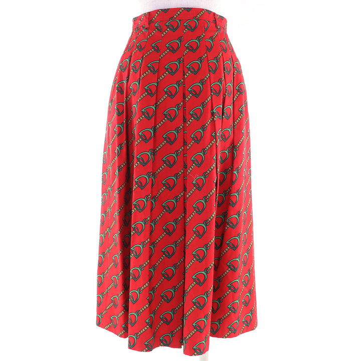 極美△GUCCI グッチ 560915 Horsebit Midi Pleated long Skirt ホースビット柄 GGボタン ロング タック フレアスカート レッド 38 正規品