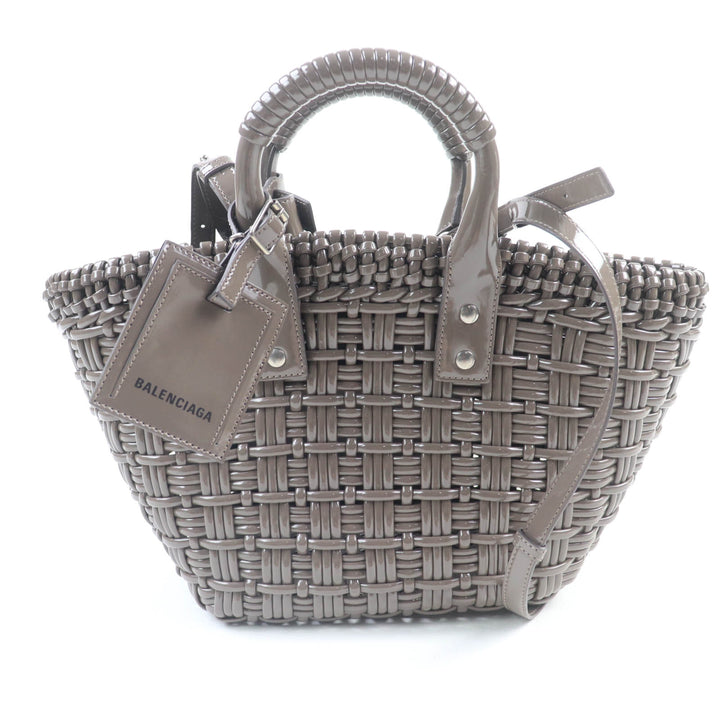 極美品★BALENCIAGA バレンシアガ 671342 ビストロ XS ショルダー付 エナメル 2WAY バスケットバッグ グレー系 保存袋付 伊製 レディース