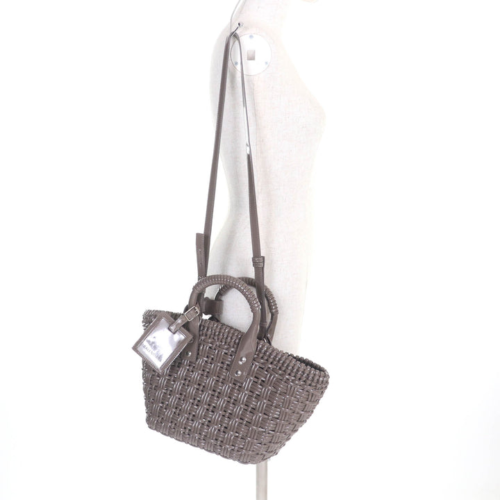 極美品★BALENCIAGA バレンシアガ 671342 ビストロ XS ショルダー付 エナメル 2WAY バスケットバッグ グレー系 保存袋付 伊製 レディース