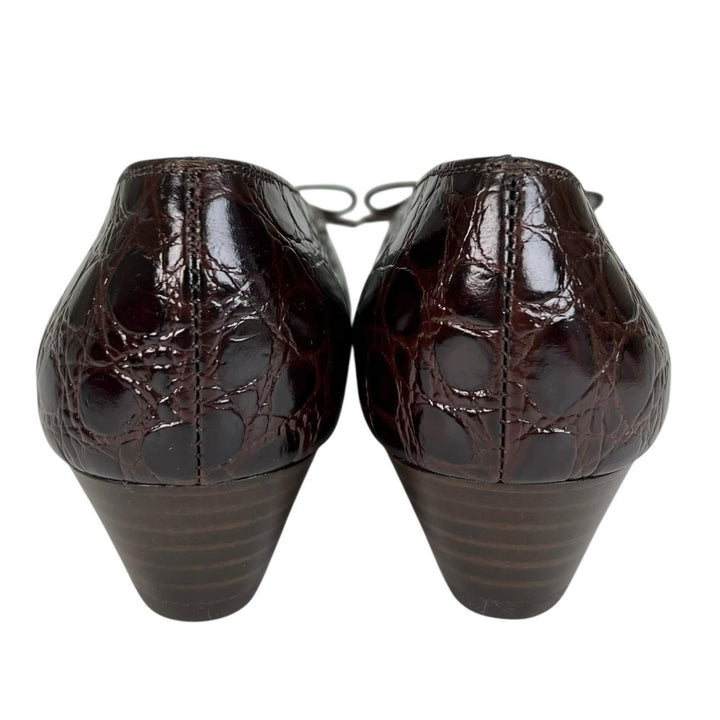 極美品▲Salvatore Ferragamo サルヴァトーレフェラガモ VARA クロコダイル型押し ヴァラリボン パンプス ブラウン ゴールド金具 5 伊製