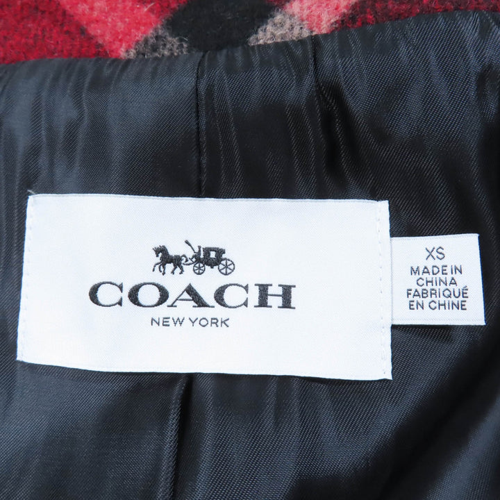 極美品☆COACH コーチ ウール チェック柄 メタルロゴボタン ロゴレザーパッチ ダブルブレスト コート レッド系 XS 正規品 レディース