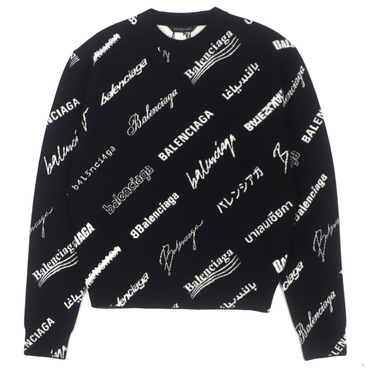 未使用品▼BALENCIAGA バレンシアガ 23SS 724869 Logomaia All Over kit クルーネック ニット セーター ブラック S 伊製 正規品 メンズ