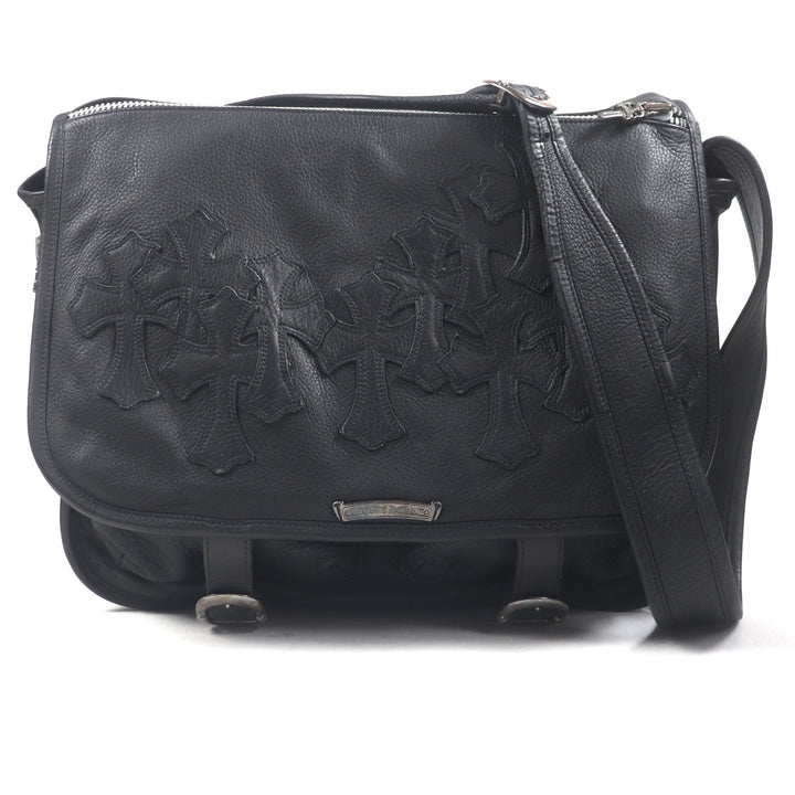 美品▼CHROME HEARTS クロムハーツ レザー セメタリークロスパッチ ラージ ソフトショルダーバッグ ブラック シルバー 保存袋付き メンズ