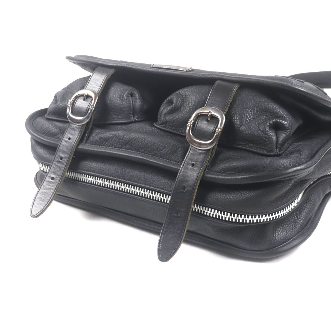 美品▼CHROME HEARTS クロムハーツ レザー セメタリークロスパッチ ラージ ソフトショルダーバッグ ブラック シルバー 保存袋付き メンズ