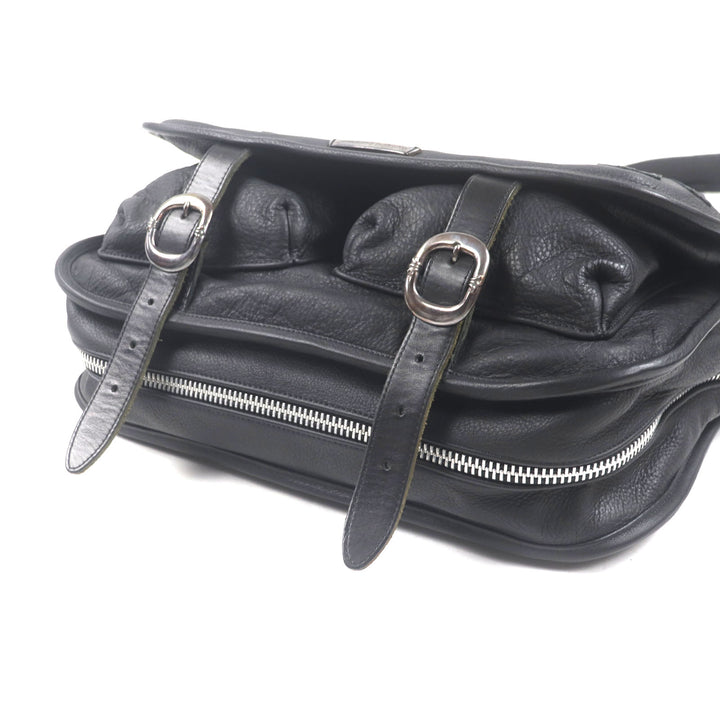美品▼CHROME HEARTS クロムハーツ レザー セメタリークロスパッチ ラージ ソフトショルダーバッグ ブラック シルバー 保存袋付き メンズ