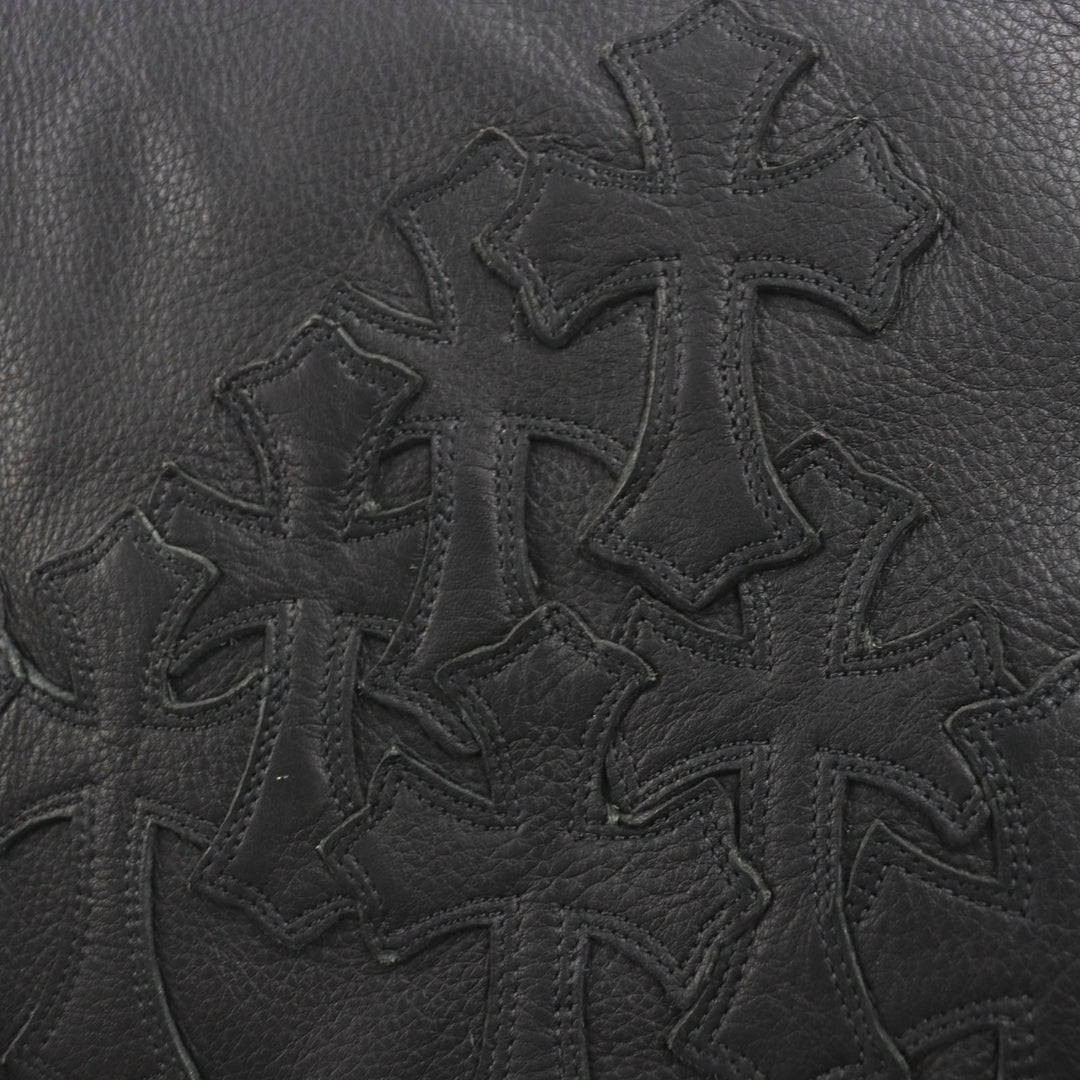 美品▼CHROME HEARTS クロムハーツ レザー セメタリークロスパッチ ラージ ソフトショルダーバッグ ブラック シルバー 保存袋付き メンズ